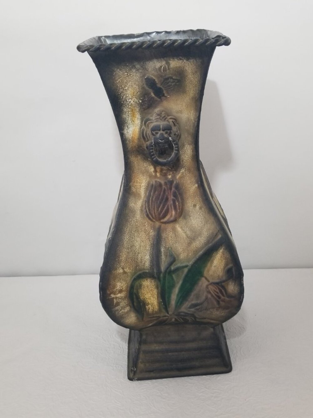 Metal Decorative Hammered Vase Bee Flower 16.5"x6.5" Gold Red Green Brown - Picture 2 of 16
